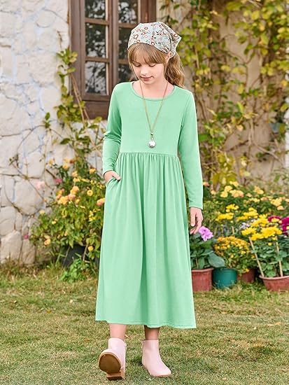 Girls Maxi Dress Long Sleeve Casual Holiday Dress with Pockets(Mint) - Image 3