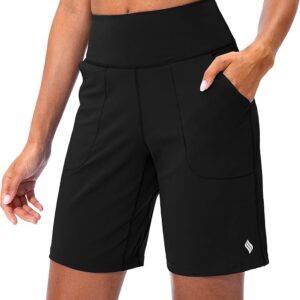 SANTINY Bermuda Shorts for Women with Zipper Pocket Womens High Waisted Long Shorts for Running Workout Athletic(Black)
