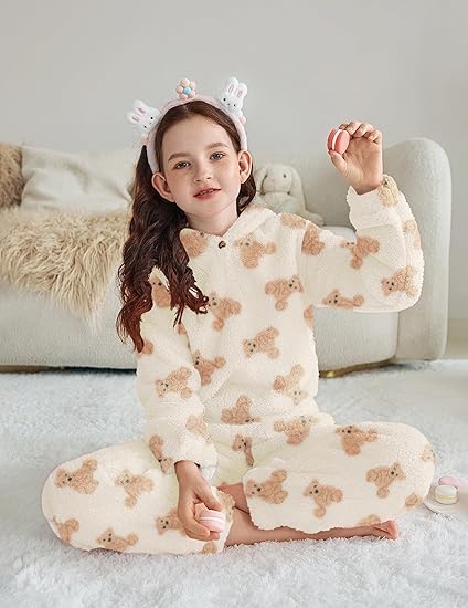 Girls 2 Piece Outfits Sweatsuit Fuzzy Long Sleeve Bear Ear Hoodie Sweatshirt and Sweatpant Kids Clothing Sets(Teddy) - Image 5