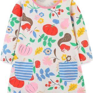Toddler Girls Cartoon Applique Dresses Striped Casual Dress Cotton Jersey Longsleeve T-Shirt(Squirrel Pumpkin)