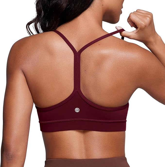 CRZ YOGA Butterluxe Y Back Sports Bras for Women - Padded Racerback Low Impact Spaghetti Thin Strap Workout Yoga Top(Red Merlot)