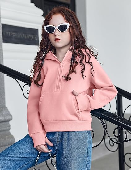Girls Half Zip Sweatshirt Fleece Hooded Pullover for Teen Long Sleeve Tops Fall Winter Clothes Thumb Hole(orange pink) - Image 4