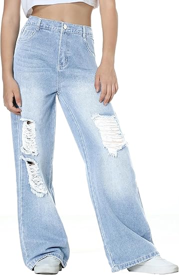 Girls Jeans Pants Wide Leg/Flare/Skinny Denim Pant Ripped High Waist Elastic Band Casual with Pockets (Pant 4) - Image 3