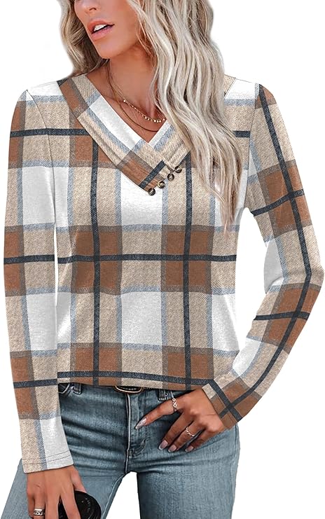 WIHOLL Long Sleeve Fall Outfits V Neck T Shirts Button Down Tunic (1-casual Plaid) - Image 3