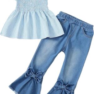 Kids Toddler Girl Clothes Graphic T Shirt Top Cargo Pants with Pocket 2 Piece Outfit Fall Clothing (Blue jeans)