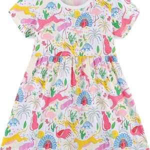 Little Girls Cotton Dresses Flutter Short Sleeve Summer Dress(Animal zoo)
