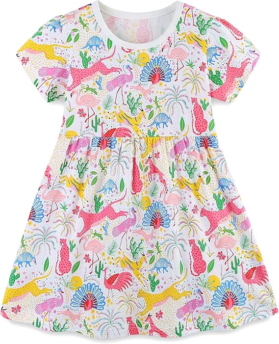 Little Girls Cotton Dresses Flutter Short Sleeve Summer Dress(Animal zoo)