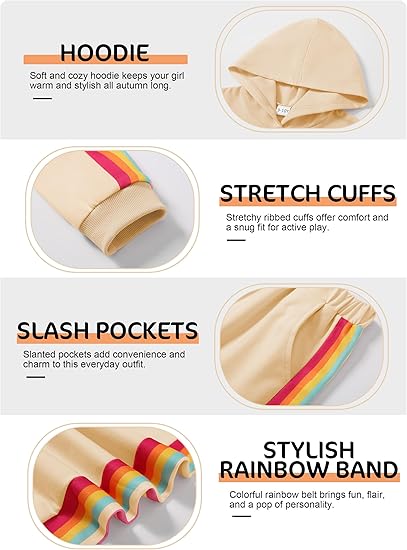 Girls Clothes Hoodies For Girls Activewear Long Sleeve Rainbow Ribbon Sweatshirts And Sweatpants (Beige rainbow) - Image 5