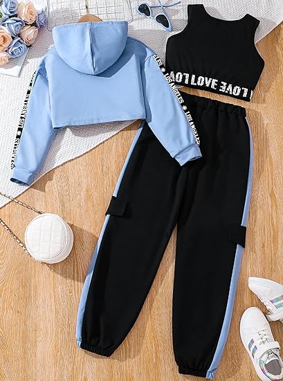 Girls Graphic 3 Piece Outfits Workout Hoodie Crop Tank and Sweatpants Set(Blue Black) - Image 3