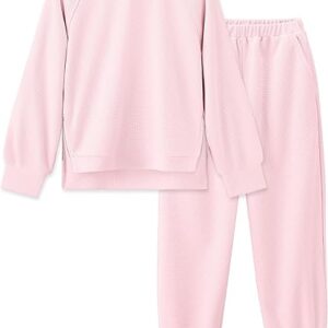 Girls 2 Piece Outfits Tracksuits Casual Crewneck Sweatshirts Side Zipper Pullover and High Waisted Sweatpants Set(Pink)