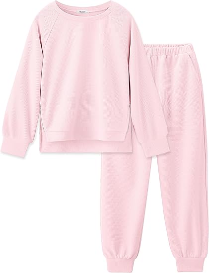 Girls 2 Piece Outfits Tracksuits Casual Crewneck Sweatshirts Side Zipper Pullover and High Waisted Sweatpants Set(Pink)