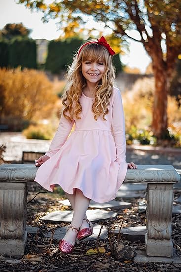 Long Sleeve Girls Dress Toddler White Dresses Skater Twirl Cotton A-Line Dress for School Casual(Pink) - Image 3
