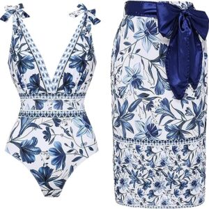 FLAXMAKER Blue and White V Neck Lace Up Strip Plant Prints One Piece Swimsuit and Skirt/Sarong(Blue #2 Swim and Sarong)