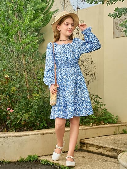 Girls Fall Long Sleeve Floral Dresses Kids Square Neck Smocked Holiday Party Dress(blue) - Image 5