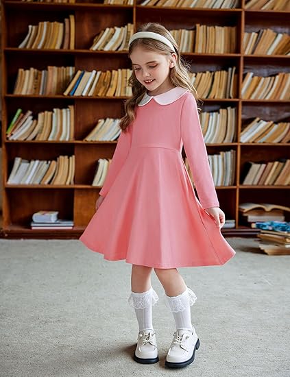 Girls Long Sleeve Dress Casual Vintage Peter Pan Collar Swing Party Dress(Pink) - Image 3