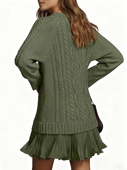 Women Cable Knit Sweater Dress Crewneck Long Sleeve Pleated Mini Dress(Green) - Image 3