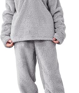 Girls Winter Pants Sets Fuzzy Warm Fleece 2 Piece Outfits Flannel Loose Pullover Sweatshirt Pants Sweatsuit(Grey)