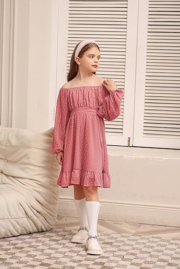 Girls Ruffle Tiered Dress Long Sleeve Swiss Dot Flowy A-Line Dress (Ravial Pink) - Image 4