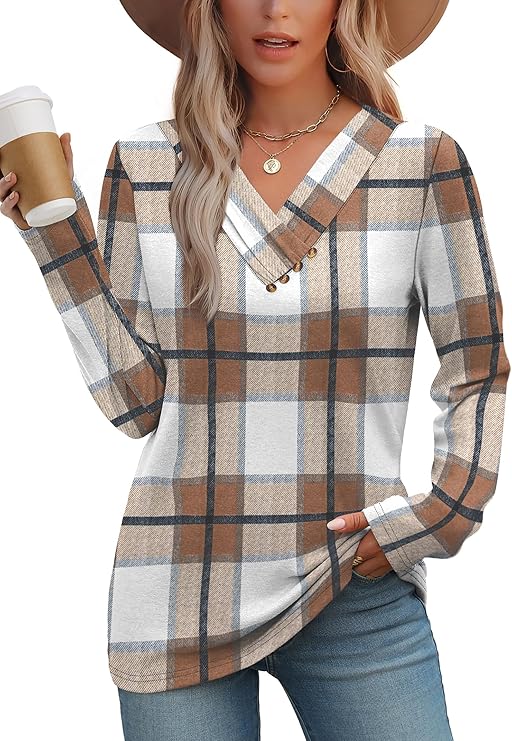WIHOLL Long Sleeve Fall Outfits V Neck T Shirts Button Down Tunic (1-casual Plaid)