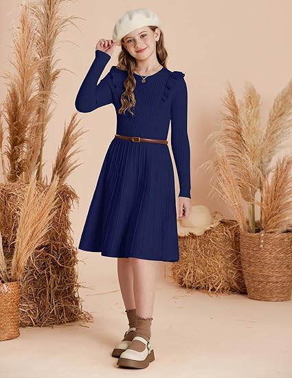 Girls Sweater Dress Fall Winter Long Sleeve Cable Knit Pullover Dresses(Deep Blue) - Image 5
