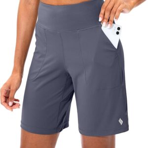 SANTINY Bermuda Shorts for Women with Zipper Pocket Womens High Waisted Long Shorts for Running Workout Athletic(Dusty Blue)