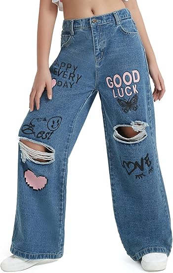 Girls Jeans Pants Wide Leg/Flare/Skinny Denim Pant Ripped High Waist Elastic Band Casual with Pockets (Pant 5) - Image 4