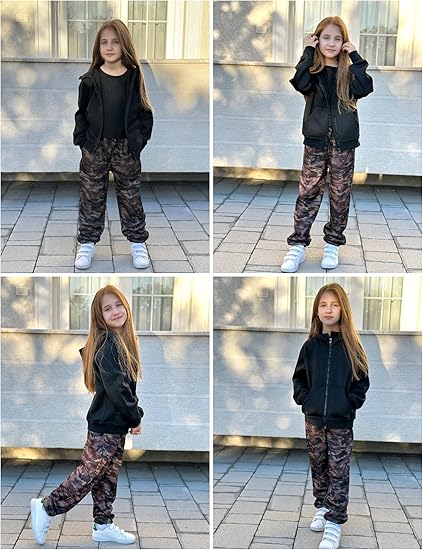 Girls 2 Piece Outfit Drop Shoulder Zip Up Hoodies and Sweatpant Clothing Set with Pockets(Black camo) - Image 3