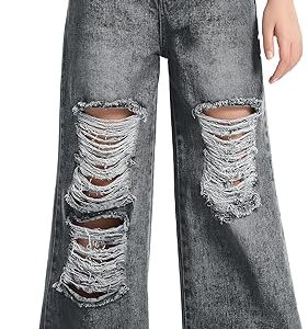 Girls Jeans Pants Wide Leg/Flare/Skinny Denim Pant Ripped High Waist Elastic Band Casual with Pockets (Pant 3)