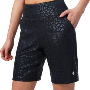 SANTINY Bermuda Shorts for Women with Zipper Pocket Womens High Waisted Long Shorts for Running Workout Athletic( Black Leopard)