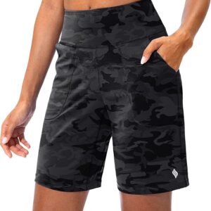 SANTINY Bermuda Shorts for Women with Zipper Pocket Womens High Waisted Long Shorts for Running Workout Athletic( Grey Camo)