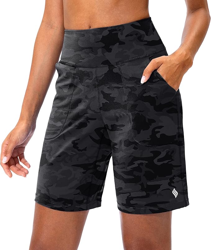 SANTINY Bermuda Shorts for Women with Zipper Pocket Womens High Waisted Long Shorts for Running Workout Athletic( Grey Camo)