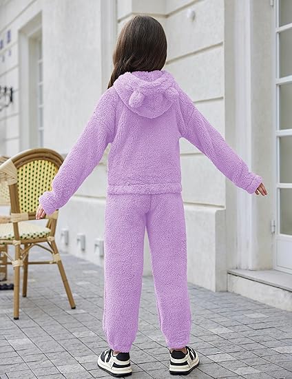 Girls 2 Piece Outfits Sweatsuit Fuzzy Long Sleeve Bear Ear Hoodie Sweatshirt and Sweatpant Kids Clothing Sets(Purple) - Image 5