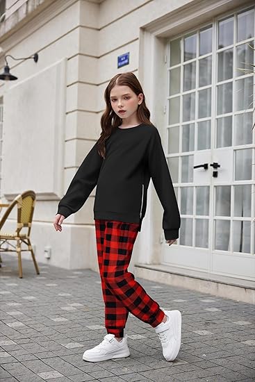 Girls 2 Piece Outfits Tracksuits Casual Crewneck Sweatshirts Side Zipper Pullover and High Waisted Sweatpants Set(Red plaid) - Image 3