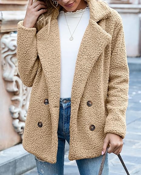Winter Warm Plush Cardigan Fuzzy Fleece Lapel Jacket with Buttons Pockets Long Sleeve Casual Outerwear(Peach) - Image 3