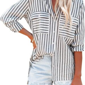 OMSJ Women's Striped Button Down Shirts Casual V Neck Blouses Tops(Black)