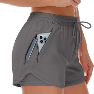 Mancreda Women's Running Shorts with Liner 3 Zipper Pockets Elastic Workout Athletic Gym Yoga Shorts(V2 Dark Grey)