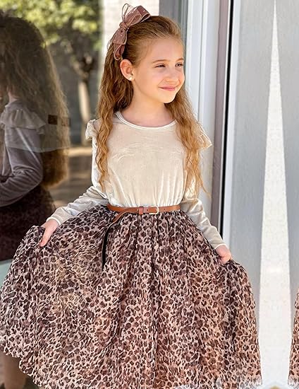 Toddler Tutu Dresses Little Girls Velvet Tulle Fall Winter Long Sleeve Ruffle Holiday Party Dress (Leopard) - Image 3