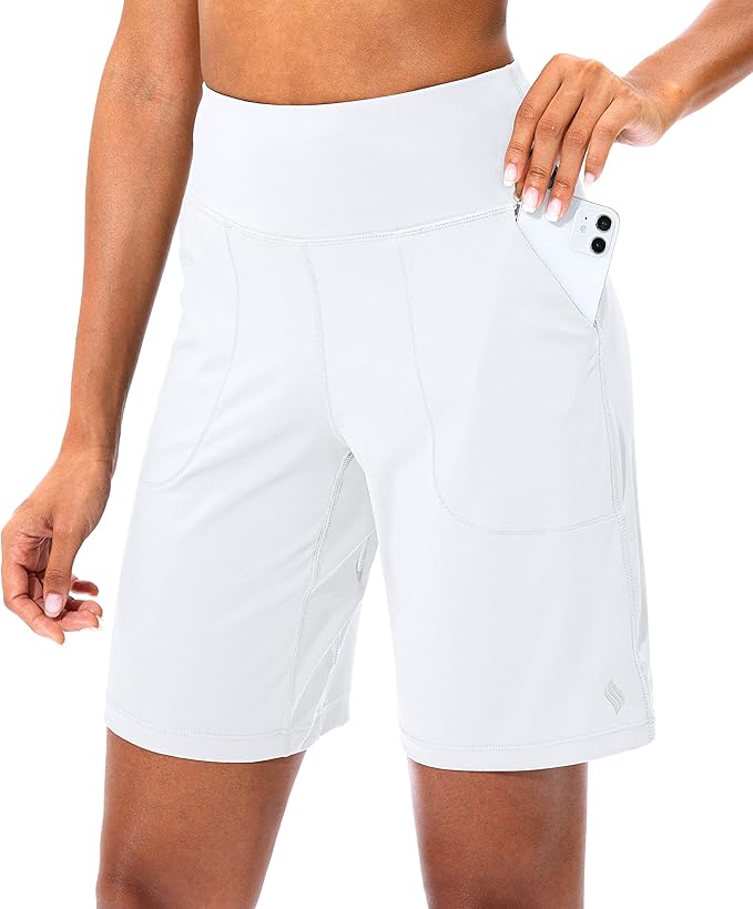 SANTINY Bermuda Shorts for Women with Zipper Pocket Womens High Waisted Long Shorts for Running Workout Athletic(A White)
