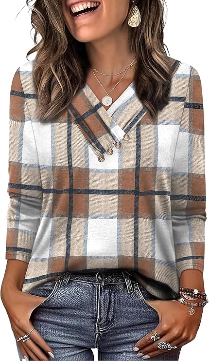 WIHOLL Long Sleeve Fall Outfits V Neck T Shirts Button Down Tunic (1-casual Plaid) - Image 2