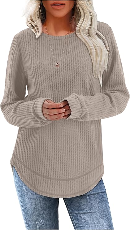 WIHOLL Tunic Tops for Women Loose Fit Dressy Waffle Knit Long Sleeve(Khaki) - Image 3