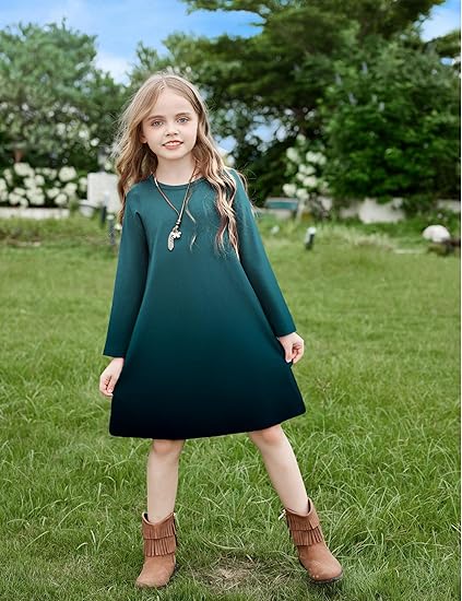 Girls Dress Kids Long Sleeve Solid Color Casual T-Shirt Dress(Navy Blue) - Image 5