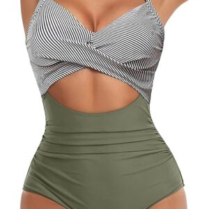 Eomenie Women's One Piece Swimsuits Tummy Control Cutout High Waisted Bathing Suit Wrap Tie Back 1 Piece Swimsuit(Green Stripes)