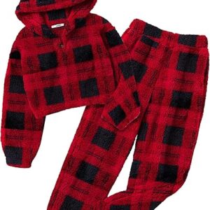 Girls 2 Piece Outfits Sweatsuit Fuzzy Long Sleeve Bear Ear Hoodie Sweatshirt and Sweatpant Kids Clothing Sets(red plaid)