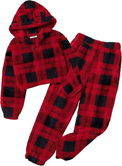 Girls 2 Piece Outfits Sweatsuit Fuzzy Long Sleeve Bear Ear Hoodie Sweatshirt and Sweatpant Kids Clothing Sets(red plaid)
