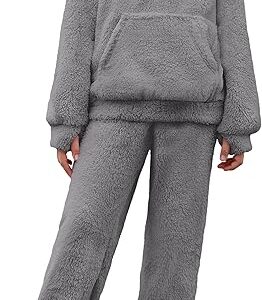 Girls 2 Piece Outfits Drop Shoulder Hoodie Half Zip Fluffy Sweatshirt and Fleece Pants Sweatsuit(Deep Grey)