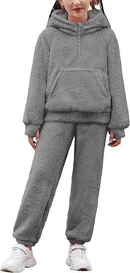 Girls 2 Piece Outfits Drop Shoulder Hoodie Half Zip Fluffy Sweatshirt and Fleece Pants Sweatsuit(Deep Grey)
