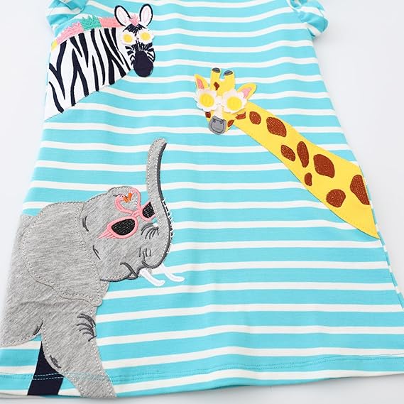 oddler Girls Cotton Summer Short Sleeve Dress Cartoon Print Casual Jersey Dresses(Giraffe&elephant) - Image 5