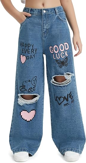 Girls Jeans Pants Wide Leg/Flare/Skinny Denim Pant Ripped High Waist Elastic Band Casual with Pockets (Pant 5)