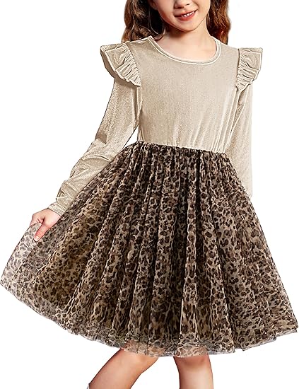 Toddler Tutu Dresses Little Girls Velvet Tulle Fall Winter Long Sleeve Ruffle Holiday Party Dress (Leopard)