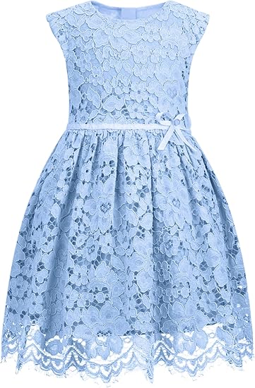 Girls & Toddlers Sleeveless A-Line Lace Party Dress Birthday Wedding & Flower Girl Dress with Beaded Bowknot(Blue)